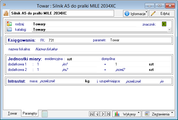 Podręcznik użytkownika Sage Symfonia Handel (Sprzedaż) 49 Druga zakładka Parametry zawiera dane o położeniu towaru w strukturze katalogów i przynależności do rodzaju towarów, znacznik graficzny oraz