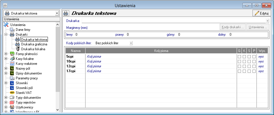 Podręcznik użytkownika Sage Symfonia Handel (Sprzedaż) 66 Rys. 40 Ustawienia drukarki tekstowej i krojów pisma. 2. Dla Opcji urządzenia należy wypełnić właściwe kody rozszerzonego zestawu znaków.