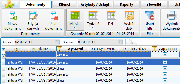 Filtrowanie danych będących datą: Po kliknięciu w pole, mamy możliwość wybrania daty z kalendarza.