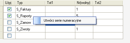 Menu kontekstowe, Serie numeracyjne Można automatycznie utworzyć potrzebne serie numeracyjne. 8.5. Baza danych Program przechowuje dane w pliku termet-us.mdb.