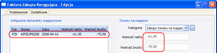 Rys. 3-6 Zmiana w PZK wprowadzona po korekcie Po skorygowaniu poszczególnych pozycji wystawiamy dok. PZK przyciskiem Zapisz (przy zaznaczonym polu Wystaw ). Dok.