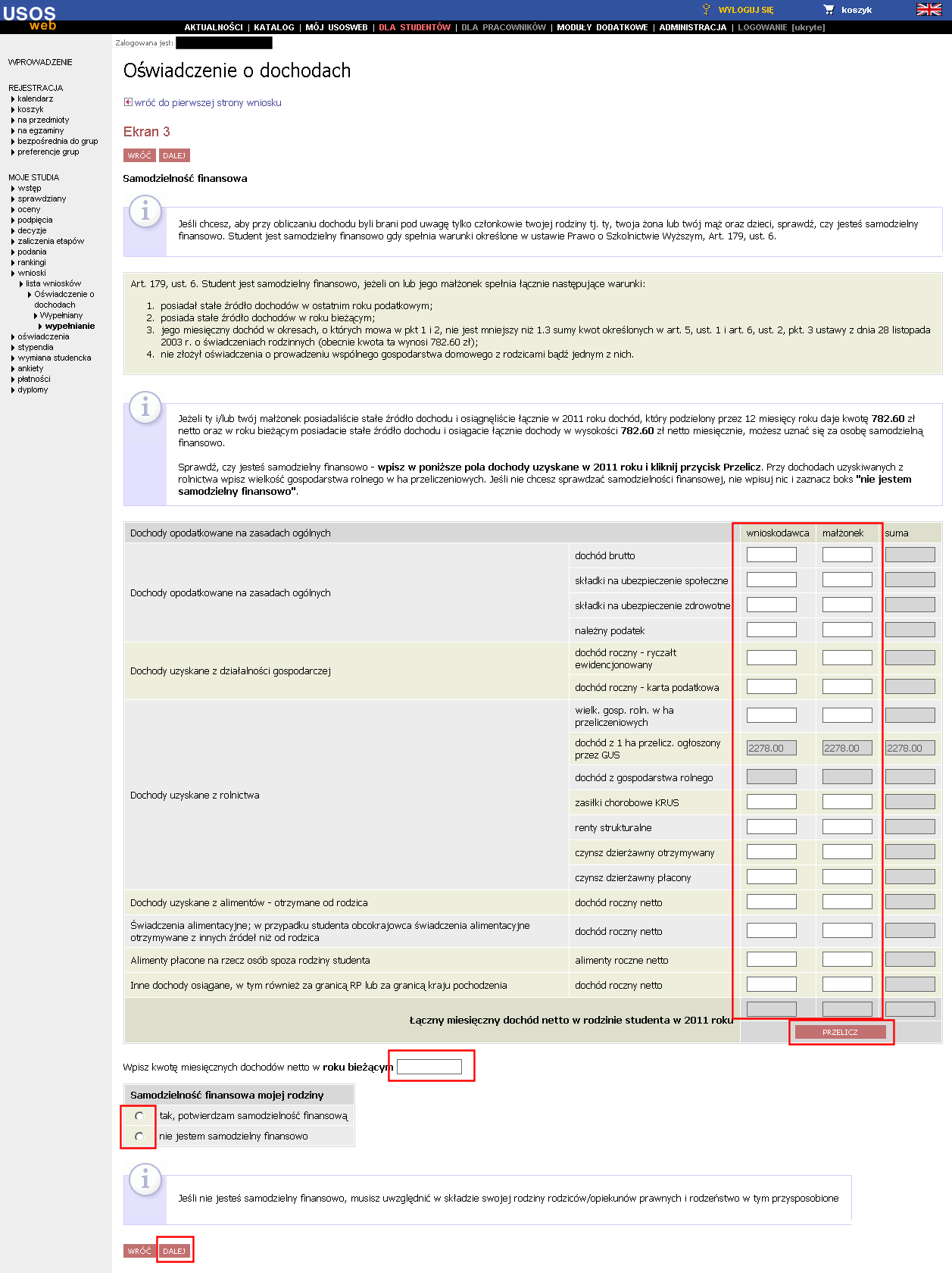 4. Oświadczenie o dochodach ekran 3 kalkulator pomoże w ustaleniu, czy student jest samodzielny finansowo.