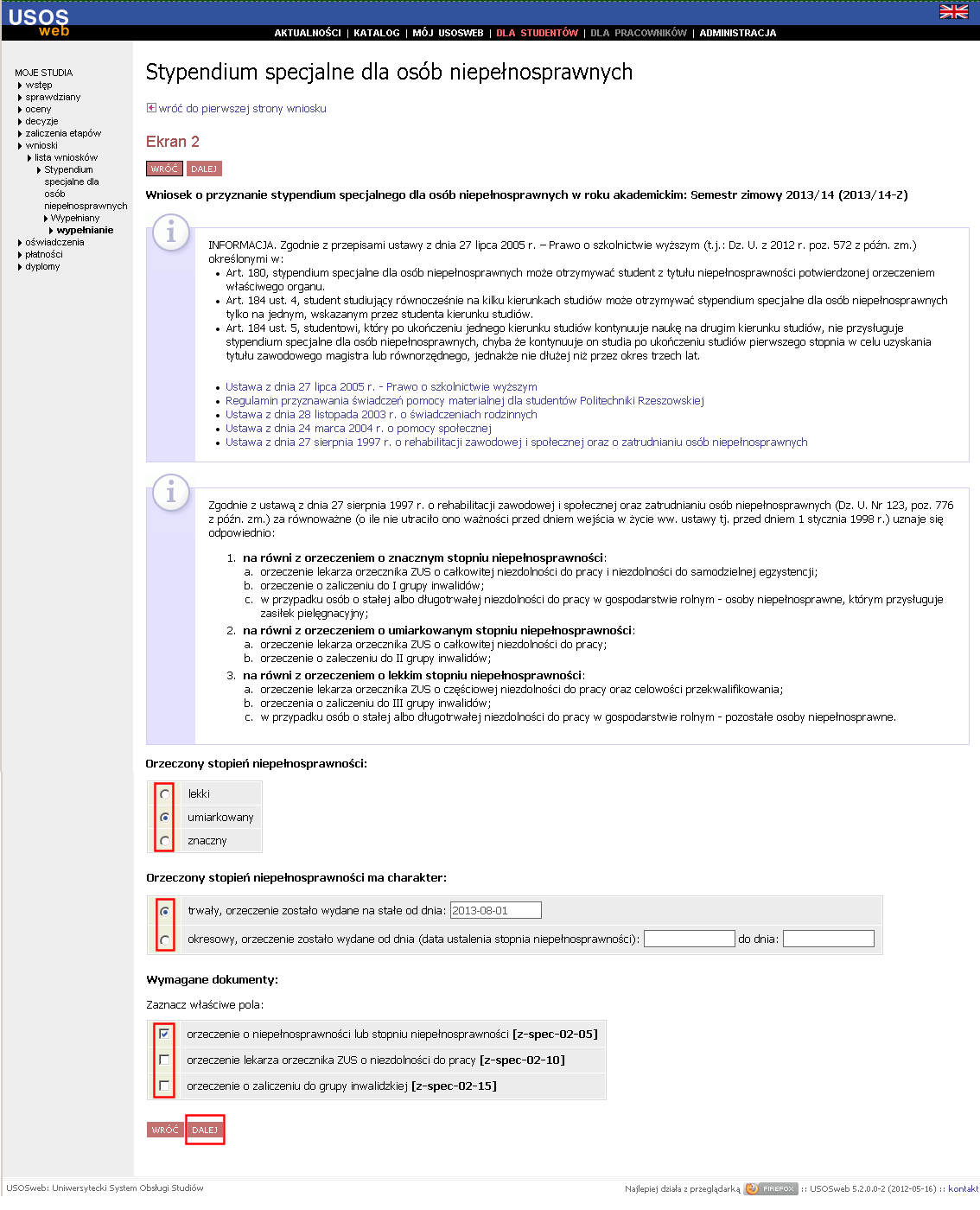 3. Stypendium specjalne dla osób niepełnosprawnych ekran 2 charakter