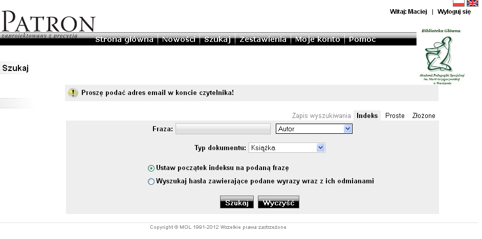 Do wyboru opcje wyszukiwania klikając można zmienić zakres wyszukiwania Porada: Poszukując autora zawsze