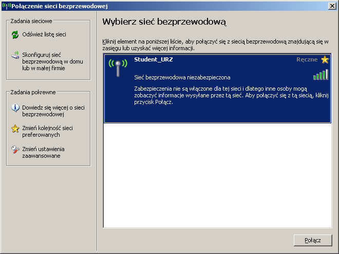 Wyświetlić dostępne sieci (rysunek 37.) Zaznaczyć sieć Student_URZ i kliknąć przycisk POŁĄCZ Rysunek 37. Dostępne sieci NaleŜy poczekać na pojawienie się statusu Połączono (rysunek 38.): Rysunek 38.