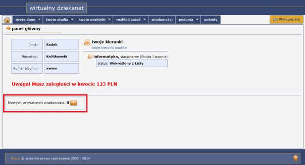 Kliknięcie na powyższy komunikat spowoduje automatyczne przekierowanie do panelu wiadomości. 1.1.5.