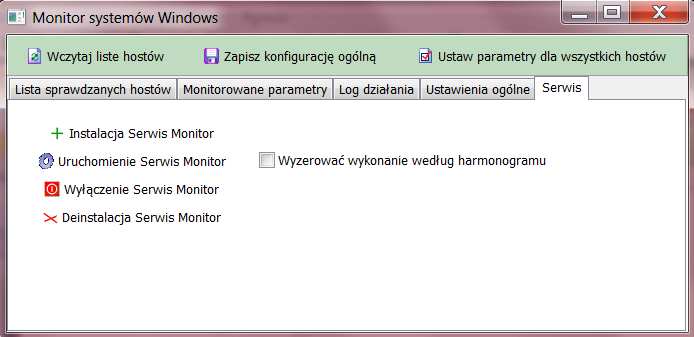 Usługę definiuje się w czterech zakładkach: 1. Lista sprawdzanych hostów dniujemy listę hostów jaka ma być kontrolowana po kątem wolnego miejsca, 2.