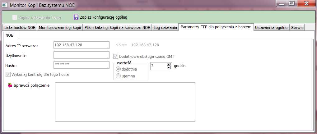 5. podania danych niezbędnych do połączenia protokołem FTP: g) adresu IP serwera, h) użytkownika i hasła dane zostaną zapisane w formie zaszyfrowanej, i) zaznaczenia opcji wykonaj kontrolę dla tego