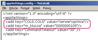 W przypadku Pulpitu Menadżera, serwer SQL na którym zainstalowany został Menadżer Kluczy oraz numer klucza podawany jest w pliku appsettings.