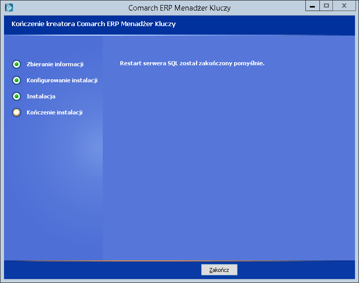 W celu poprawnej aktywacji wszystkich zmian konfiguracyjnych zaleca się zrestartowanie usługi serwera SQL podczas instalacji Menadżera Kluczy.