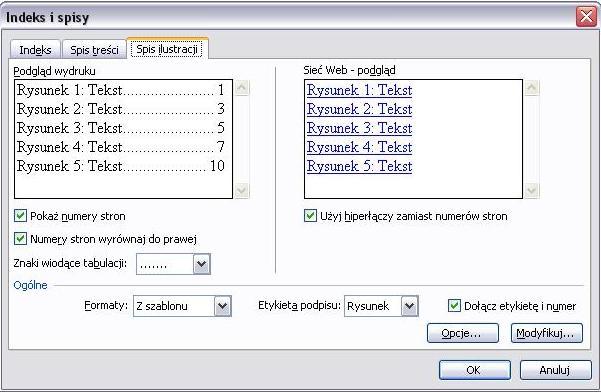 Spis treści sporządzamy automatycznie Word 2003 (Wstaw / Odwołanie /