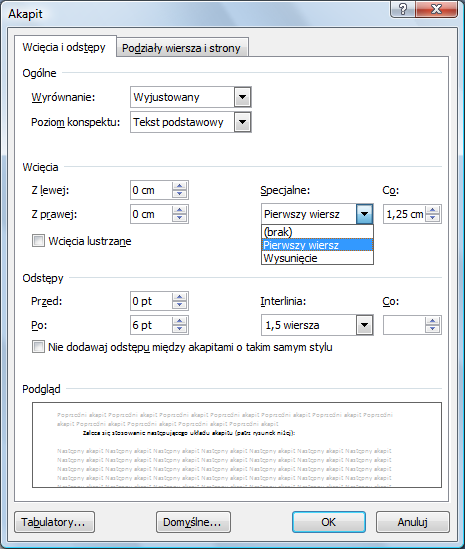 wyjustowany, odstęp po akapicie 6 pt, odstęp między wierszami