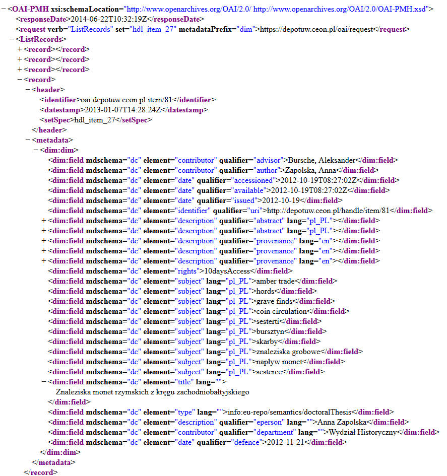 Ogólnopolskie Repozytorium Prac Dyplomowych Protokół OAI-PMH, Request=ListRecords