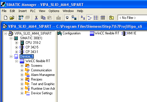 Po zakończeniu integracji wywołujemy SIMATIC Manager. W drzewie projektu jako urządzenie pojawia się nowy obiekt Device_1 odpowiadający naszej aplikacji w WinCC flexible 2008 Compact.