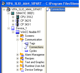 Po powrocie do drzewa projektu i podwójnym kliknięciu ikony Connections uruchamia się program WinCC flexible, z otwartym ekranem Connections w zakładce Communication.