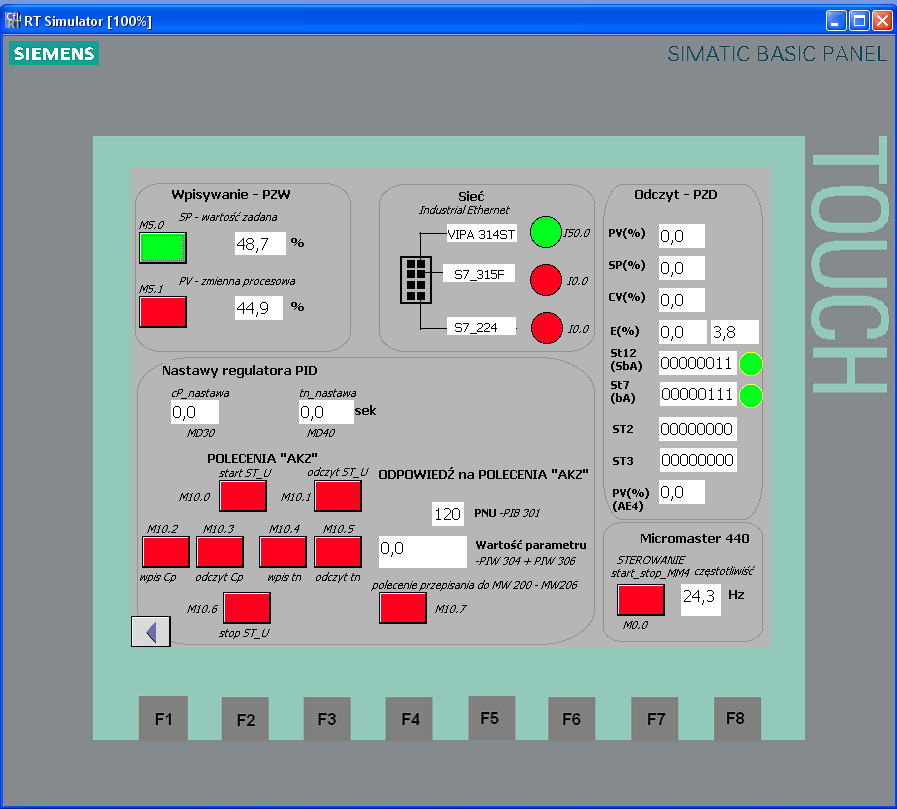 Wybór opcji Project Compiler Start Runtime with Simulator powoduje odtworzenie ekranu panelu na ekranie monitora w trybie
