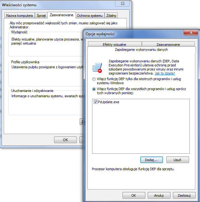 Software -> Aktualizacje i postępować wg wskazań kreatora. Jeżeli włączona jest ochrona wykonywania danych (DEP) należy dodać program pzupdate.