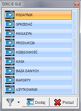 Dodanie nowej sekcji Aby dodać nową sekcję należy najechać kursorem na menu główne, następnie klikając prawy przycisk myszy wybrać opcję: Sekcje GUI -> Dodaj sekcję do menu aplikacji.