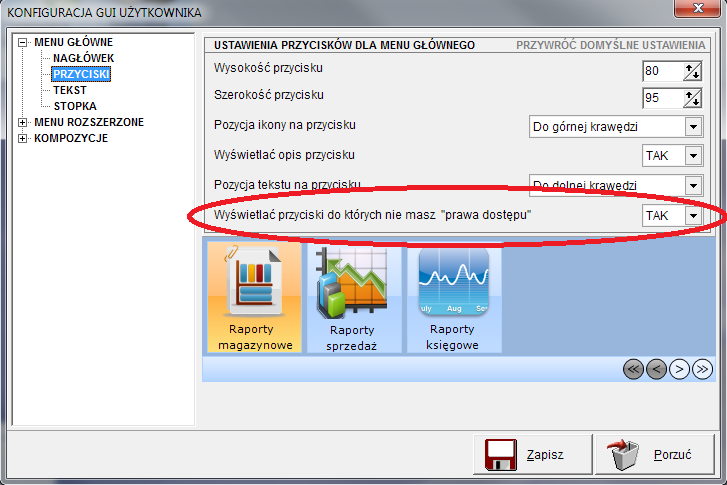 Rys.10 Menu pomocnicze związane z przyciskami Uprawnienia a widoczność przycisków Użytkownik w zależności od swoich uprawnień, ma dostęp tylko do wybranych elementów znajdujących się w programie.