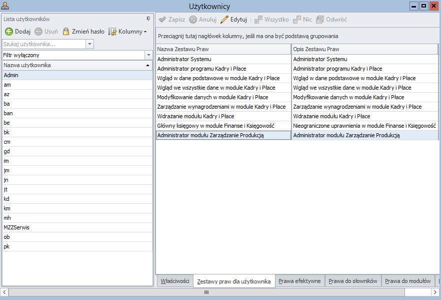 ministrator modułu Zarządzanie Produkcją.