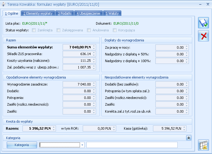 21.5.2 Formularz wypłaty Na zakładce Ogólne kwota netto wypłaty i suma płatności są wykazywane w przeliczeniu na PLN.