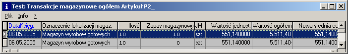 Zgłoszenie zakończenia produkcji powoduje zwiększenia stanu magazynowego produktu P2. Informacja dostępna jest w oknie ilustrującym transakcje magazynowe (por. rys. 2.9)