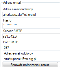 Aby e-maile z błędami były wysyłane należy zaznaczyć przycisk wyboru: Następnie należy skonfigurować połączenia adresu e-mail: Adres e-mail nadawcy adres e-mail, z którego będą wysyłane wiadomości.