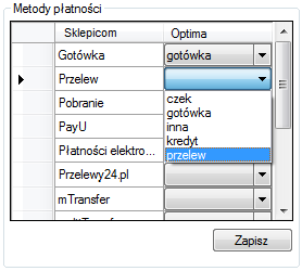 6.3. Synchronizacja metod płatności W następnym kroku należy zsynchronizować metody płatności. W kolumnie po lewej stronie wyświetlone są metody płatności pobrane ze Sklepicom.