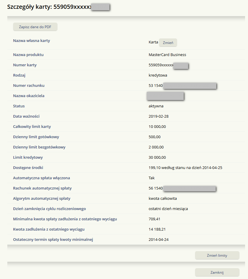 Użytkownik ma możliwość wykonania następujących akcji dla karty kredytowej: Zapisz dane do PDF - odnośnik do operacji zapisu danych szczegółowych wybranej karty do pliku PDF, Zmień limity- odnośnik