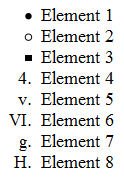 CSS listy CSS.dis {list-style-type: disc;}.cir {list-style-type: circle;}.squ {list-style-type: square;}.dec {list-style-type: decimal;}.lro {list-style-type: lower-roman;}.