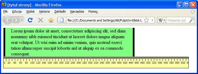 I. Pozycjonowanie elementów Scalanie marginesów Jeśli po lewej i prawej stronie elementu ustawimy obramowanie o grubości 6 pikseli: p {width:400px; padding: 0 20px; border:#000