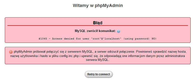 na razie PhpMyAdmin nic nie wie o dokonanej zmianie hasła i nadal zakłada, że użytkownik root nie ma hasła). Należy więc zmodyfikować zawartość pliku phpmyadmin\config.inc.