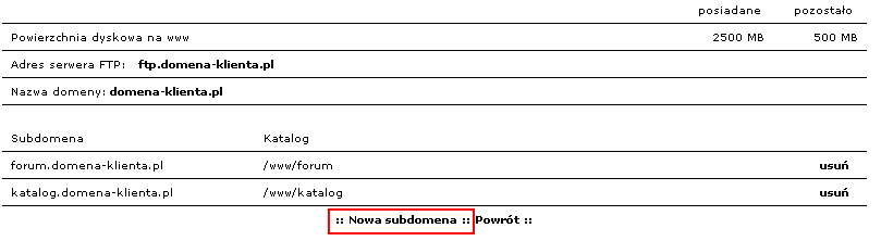 Subdomeny - opcja pozwala na tworzenie subdomen, czyli adresów internetowych które po wpisaniu w przeglądarkę pokażą inną stronę niż strona główna klienta, przykładowo katalog.domena-klienta.