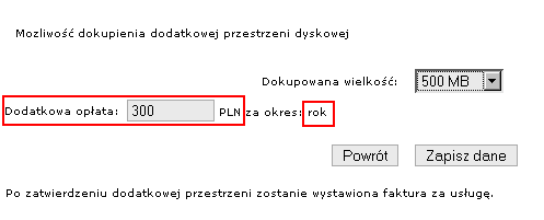 Po wybraniu potrzebnej nam wielkości pojawi się aktualna cena jaką będziemy płacić za przestrzeń.
