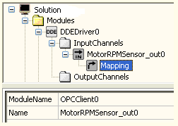 Przeciągając kanał MotorRPMSensor_out0 do folderu InputChannels modułu DDEDriver0 stworzony zostanie kanał wejściowy o tej samej nazwie,