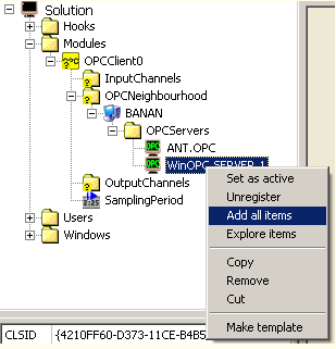 3. Wskazując na wybrany serwer wybrać polecenie Add all items. Spowoduje to podłączenie do serwera, dodanie do folderów kanałów wejściowych i wyjściowych kanałow z listy eksportowanej przez serwer.