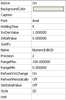 NumericEdit Ustawienia konfiguracyjne kontrolki Active Parametr Wartość kontrolka wyłączona BackgroundColor Font HoldingTime InitialValue Name Precision RefreshOnChange RefreshPeriodically kontrolka