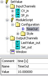 SetValue Ustawienia konfiguracyjne kontrolki Kanały wejściowe: SP_in do kanału podpinamy kanał wyjściowy z kontrolek typu SetPoints CV_in do kanału podpinamy kanał z odczytaną aktualną wartością