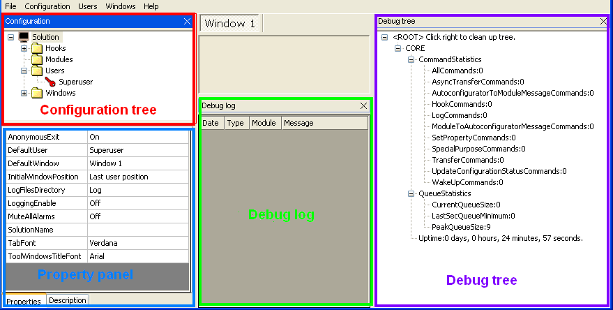 Po zaznaczeniu w menu Windows wszystkich trzech okien mamy je rozmieszczone w następujący sposób: Okna programu można szybko włączać i wyłączać klawiszami: F2 configuration tree F3 debug log F4 debug
