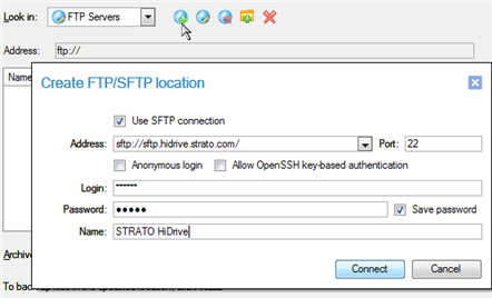 5. Kliknij przycisk Create an FPT Location, aby ustawić parametry lokalizacji SFTP. - Use SFTP connection. Zaznacz opcję, aby podłączyć do serwera SFTP - Address. Wpisz jego adres; - Port.