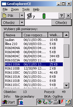 W celu otwarcia istniejącego pliku, należy wybrać Pliki/Otwórz. Wyświetlony zostanie poniższy ekran z listą istniejących plików, z której należy wybrać - wskazać plik i wcisnąć klawisz Otwórz.