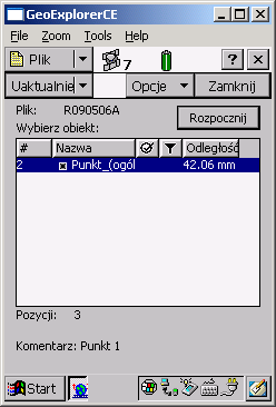 W trakcie trwania pomiaru położenia, można wypełnić dane opisowe dotyczące mierzonego obiektu. Zakończenie pomiaru nastąpi po wciśnięciu klawisza OK.