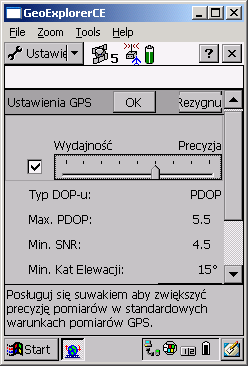 Parametry rejestracji a w szczególności parametry dotyczące interwału rejestracji obiektów punktowych, liniowych i powierzchniowych oraz trybu pomiaru w/w obiektów: Kod lub Faza Proponowane