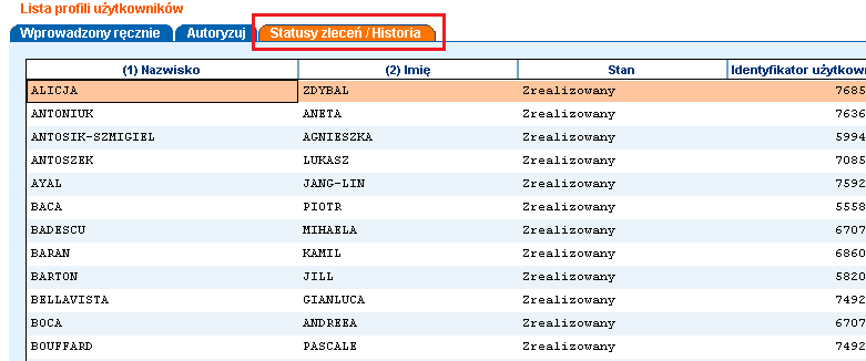 21 W wyniku tego pojawi się lista - analogiczna do zaprezentowanej poniżej. W celu wyświetlenia listy Użytkowników znajdujących się na profilu Klienta należy wybrać zakładkę Statusy zleceń/ Historia.