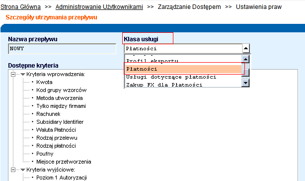 Kliknij na przycisk i z rozwijanej listy wybierz usługę Płatności.