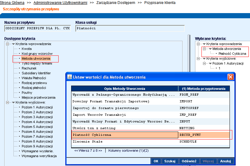 62 Następnie wybierz usługę Metoda utworzenia, pojawi się okno wartości, w którym zaznacz Płatność Cykliczna i