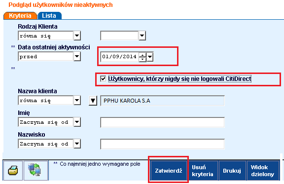 75 11. Podgląd Użytkowników nieaktywnych W systemie CitiDirect prócz podglądu Użytkowników za pośrednictwem Profilu użytkownika opisanym w pkt. 2.