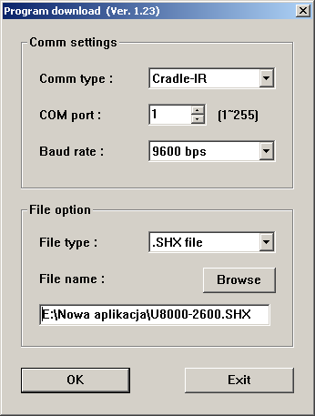 3. Wybieramy: 6. Load Program -> 1. Cradle-IR -> 6. Baud rate: 9600 -> please place In Cradle (odstawiamy kolektor na tranceiver). 4. Uruchamiamy program ProgLoad.exe.