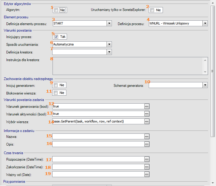 Rys. 19 Formularz elementu grafu workflow (Task Definition) cz.1 1. Algorytm określa sposób pracy z definicją kroku: Nie istnieje możliwość wprowadzenie parametrów na bieżącej zakładce.