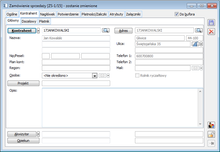Na zakładce Kontrahent znajdują
